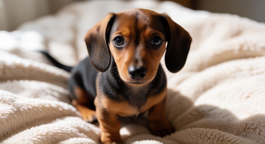 cuidados cachorro teckel, Cachorro teckel de pelo corto mirando hacia arriba en una manta suave