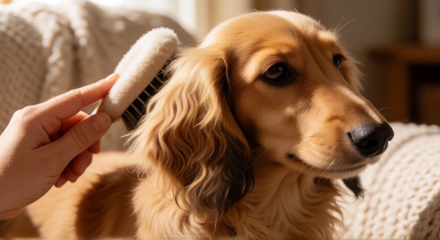 cuidados cachorro teckel, Cepillado del pelaje de un cachorro teckel de pelo largo dorado