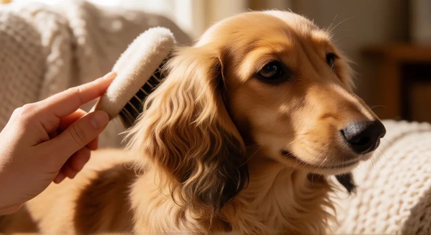 cuidados cachorro teckel, Cepillado del pelaje de un cachorro teckel de pelo largo dorado