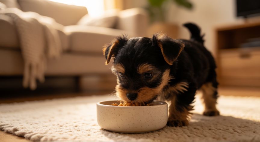 cuidados cachorro yorkshire 2 meses, Cachorro Yorkshire terrier de dos meses comiendo su alimento