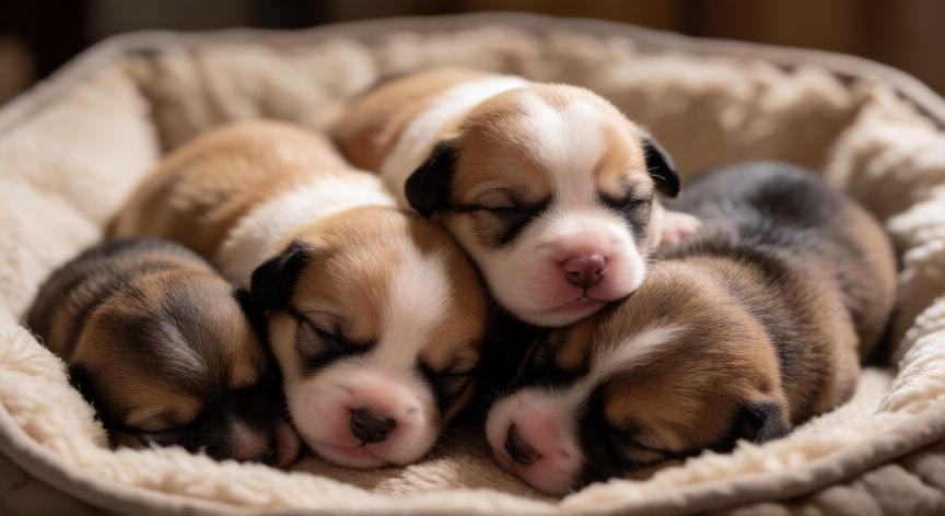 cuidados cachorros recien nacidos, Cachorros recién nacidos durmiendo juntos en un nido cálido