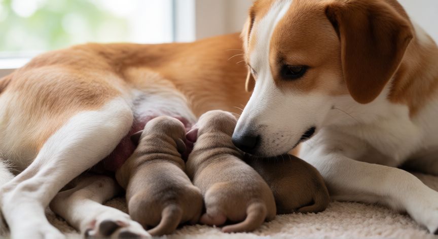 cuidados cachorros recien nacidos, Perra madre amamantando a sus cachorros recién nacidos