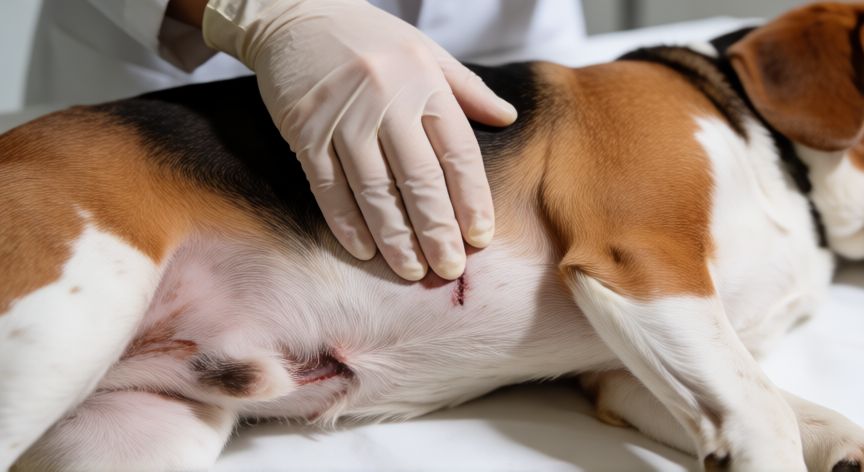 cuidados castração cachorro femea, Veterinario revisando la cicatriz quirúrgica de una perra tras la castración