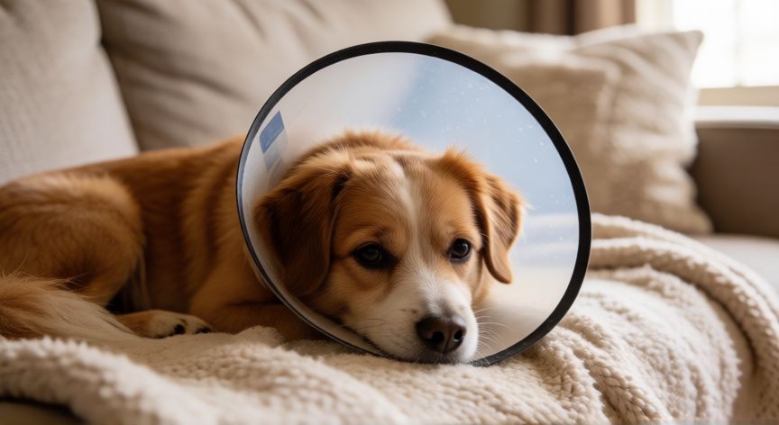 cuidados castração cachorro femea, Perra descansando con collar isabelino en casa durante su recuperación