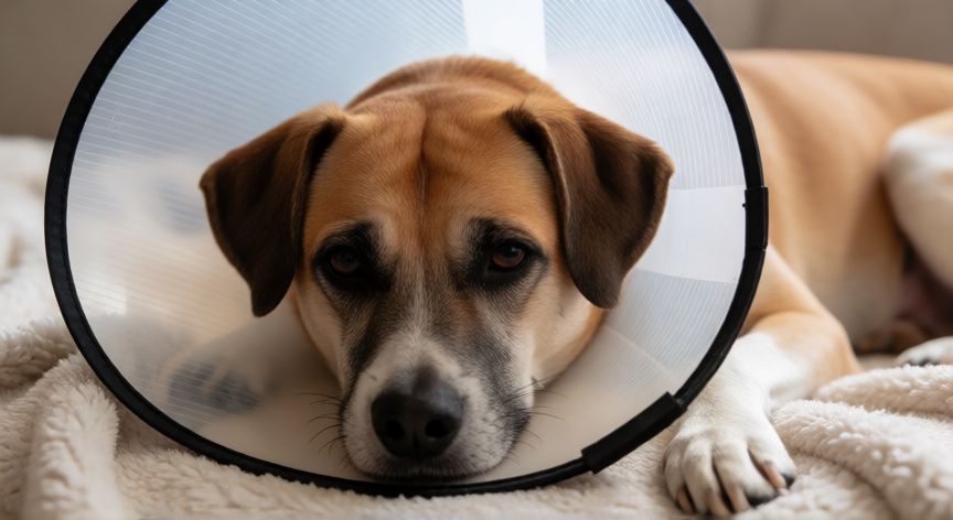 cuidados castração cachorro macho, Perro macho con collar isabelino y herida de castración en recuperación