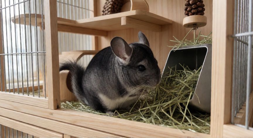 cuidados chinchilla mascota, Chinchilla en su jaula comiendo heno con juguetes de madera