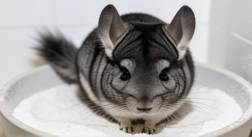 cuidados chinchilla mascota, Chinchilla tomando baño de arena mineralizada en su cuenco