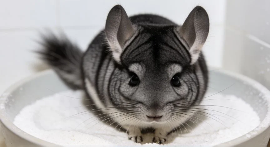 cuidados chinchilla mascota, Chinchilla tomando baño de arena mineralizada en su cuenco