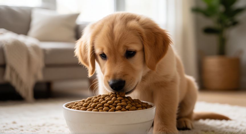 cuidados com cachorro, Cachorro de perro comiendo su alimento en un cuenco dentro de casa