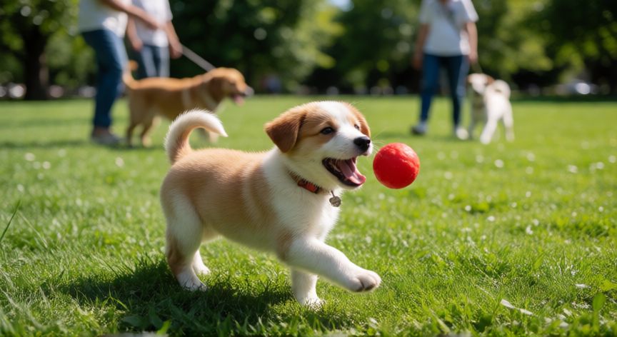 cuidados com cachorro, Cachorro jugando a la pelota en un parque soleado con otras personas de fondo
