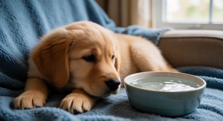cuidados com cachorro acamado, Cachorro dorado descansando en una manta con un cuenco de agua al alcance.