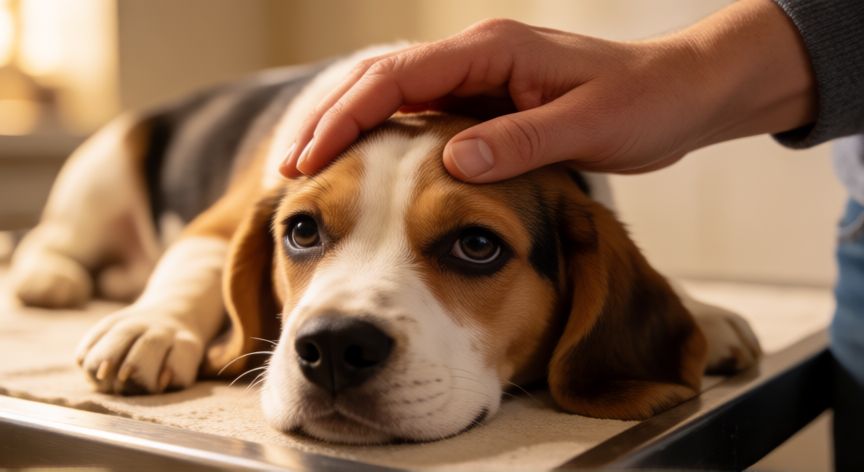 cuidados com cachorro acamado, Mano humana acariciando suavemente a un cachorro beagle acostado en una mesa de veterinario.
