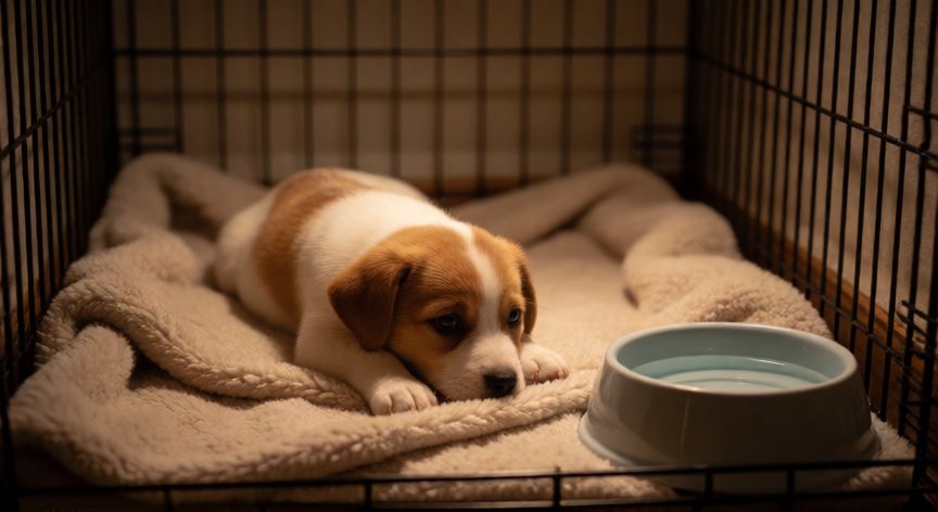 cuidados com cachorro após castração, Cachorro descansando tranquilamente en una jaula cómoda con agua fresca disponible