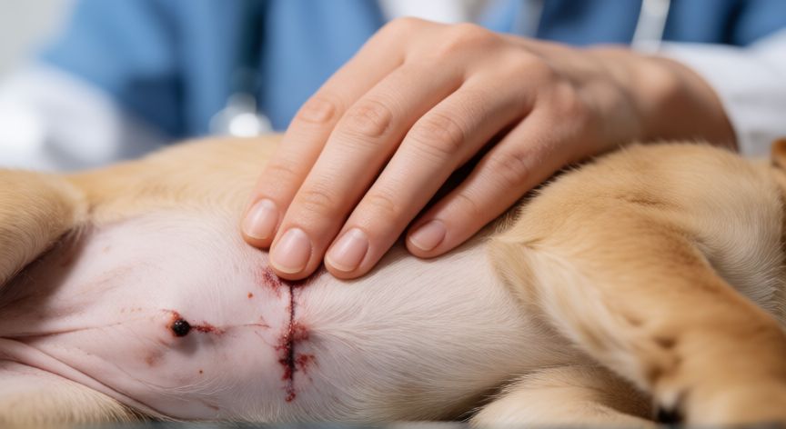 cuidados com cachorro após castração, Veterinario revisando la zona de la herida quirúrgica en el abdomen de un cachorro
