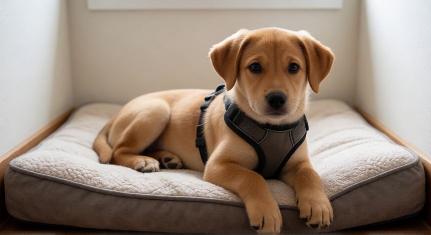 cuidados com cachorro com hernia de disco, Cachorro descansando en cama ortopédica con arnés de seguridad