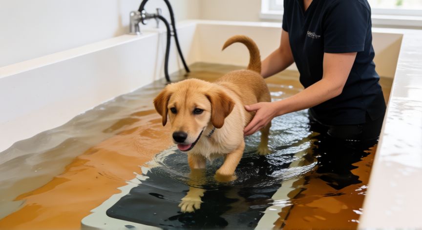 cuidados com cachorro com hernia de disco, Cachorro en terapia de agua para rehabilitación muscular