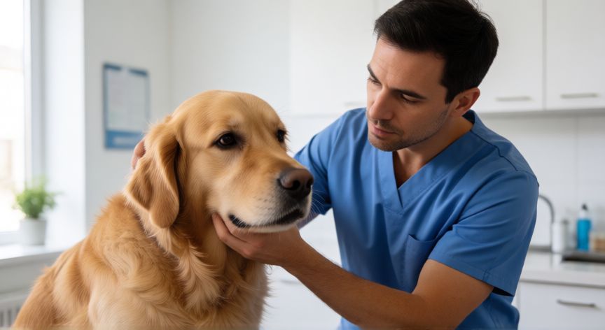 cuidados com cachorro com leishmaniose, Veterinário examinando um cachorro com leishmaniose no consultório