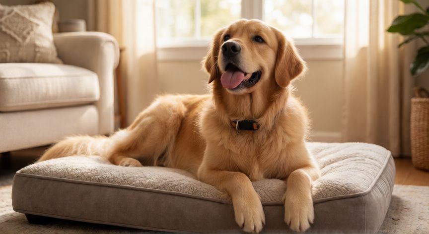 cuidados com cachorro com leishmaniose, Cachorro confortável em casa usando coleira repelente para prevenção