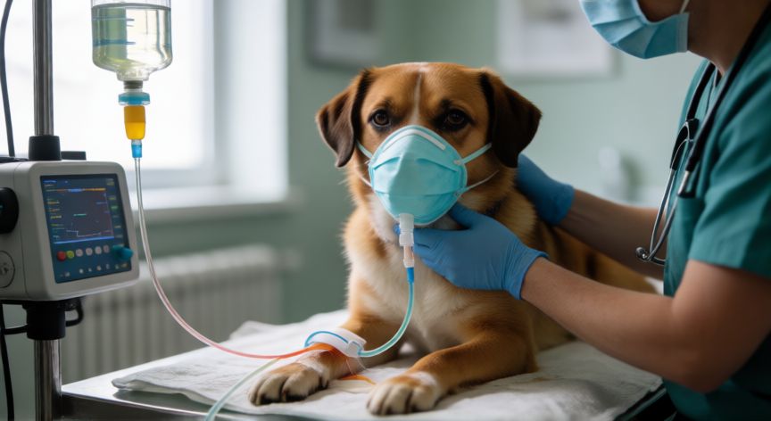 cuidados com cachorro com leptospirose, Cachorro recebendo tratamento intravenoso na clínica veterinária