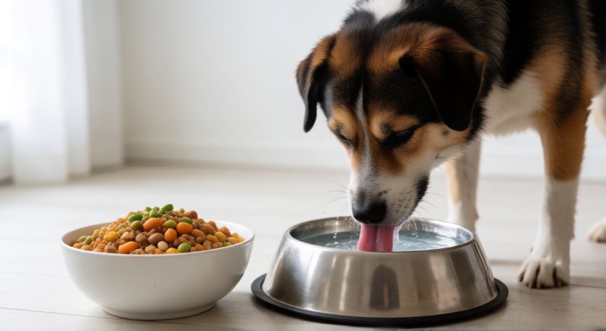 cuidados com cachorro com leptospirose, Cachorro saudável bebendo água e comendo ração em ambiente limpo