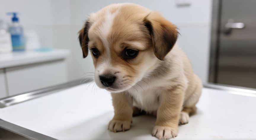 cuidados com cachorro com verme, Cachorro en la mesa de examen veterinario