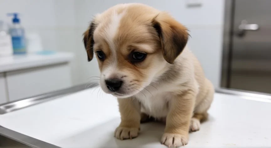 Cachorro en la mesa de examen veterinario