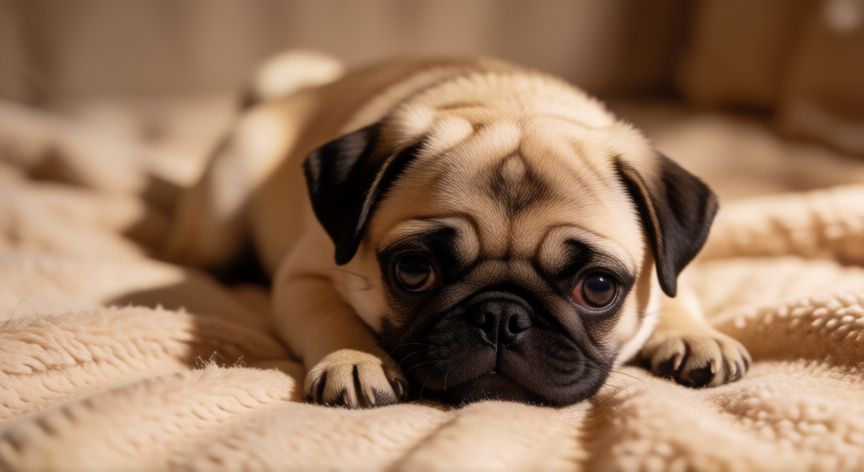 cuidados com cachorro da raça pug, Filhote de pug fofo deitado em uma manta macia