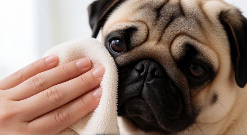 cuidados com cachorro da raça pug, Mãos limpando as dobras faciais de um pug com pano úmido