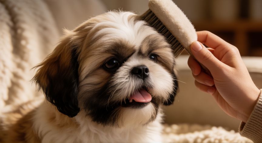 cuidados com cachorro da raça shih tzu, Cachorro de Shih Tzu siendo cepillado con un peine suave