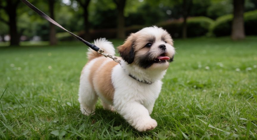 cuidados com cachorro da raça shih tzu, Cachorro de Shih Tzu dando un paseo en el parque con correa