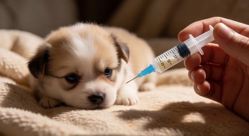 cuidados com cachorro de 1 mes, Cachorro de un mes siendo alimentado con biberón sobre manta tibia