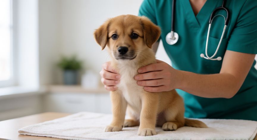 cuidados com cachorro de 1 mes, Veterinario revisando la salud de un cachorro pequeño en clínica