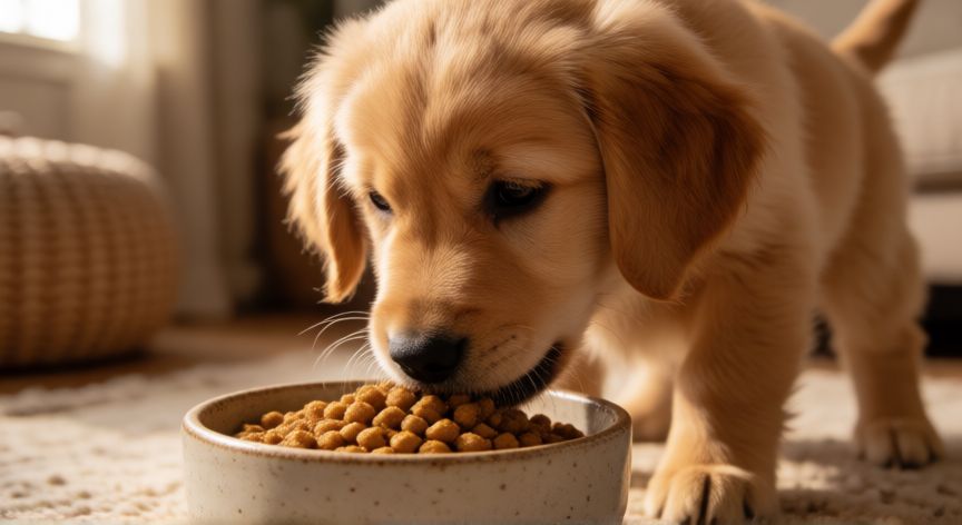 cuidados com cachorro de 2 meses, Cachorro de dos meses comiendo su comida específica en un cuenco