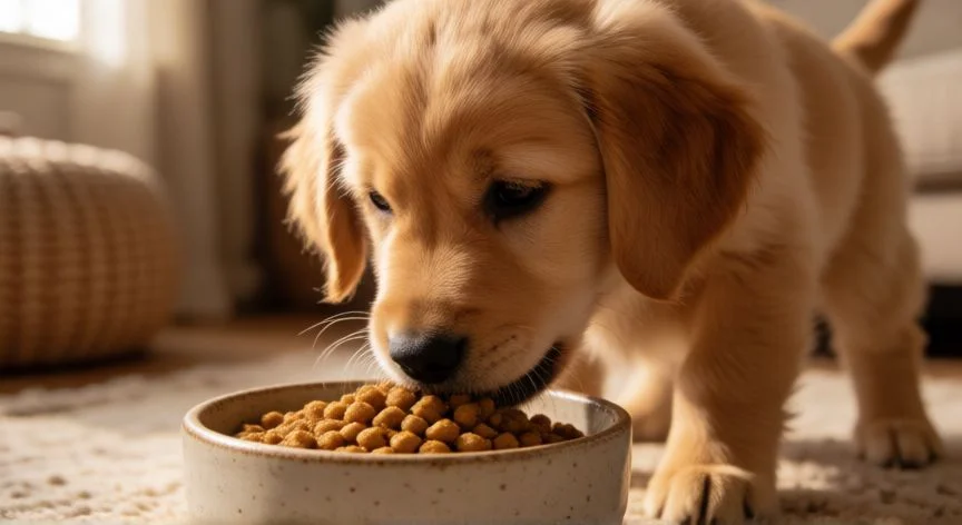 cuidados com cachorro de 2 meses, Cachorro de dos meses comiendo su comida específica en un cuenco