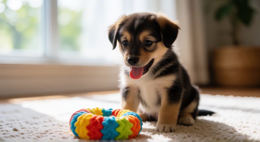 cuidados com cachorro de 2 meses, Cachorro en proceso de socialización jugando con un juguete en casa