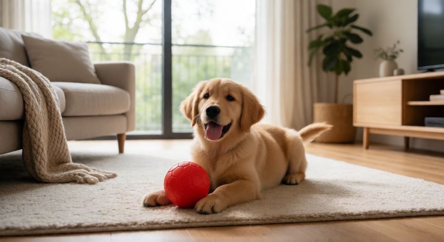 cuidados com cachorro em apartamento, Cachorro jugando con una pelota en el salón de un apartamento moderno