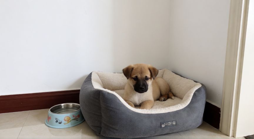 cuidados com cachorro em apartamento, Cachorro descansando en su cama en una esquina limpia del apartamento