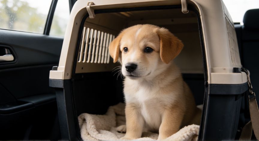 cuidados com cachorro em viagem de carro, Cachorro tranquilo dentro de una jaula de viaje en el asiento trasero del coche