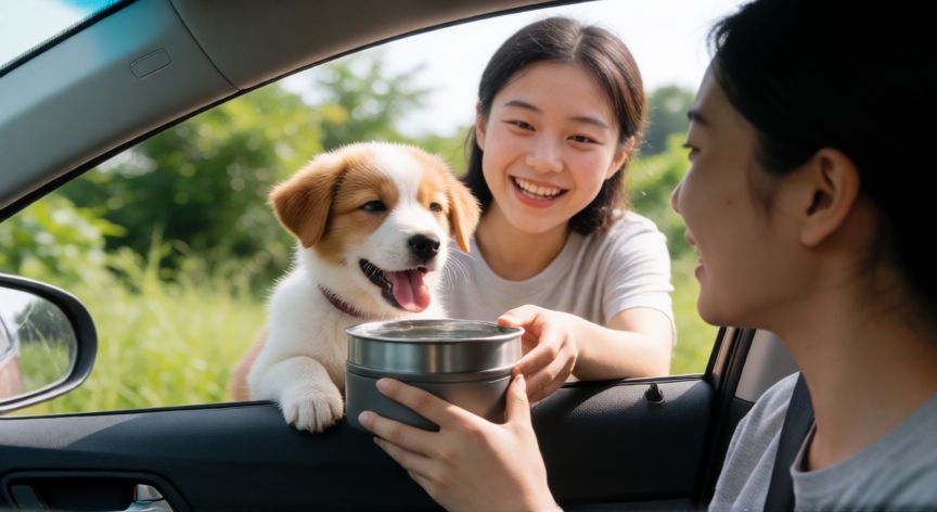 cuidados com cachorro em viagem de carro, Dueño ofreciendo agua a su cachorro durante una parada en el viaje en coche