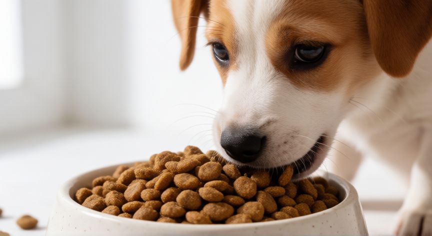 cuidados com cachorro filhote 2 meses, Filhote comendo ração premium em tigela limpa