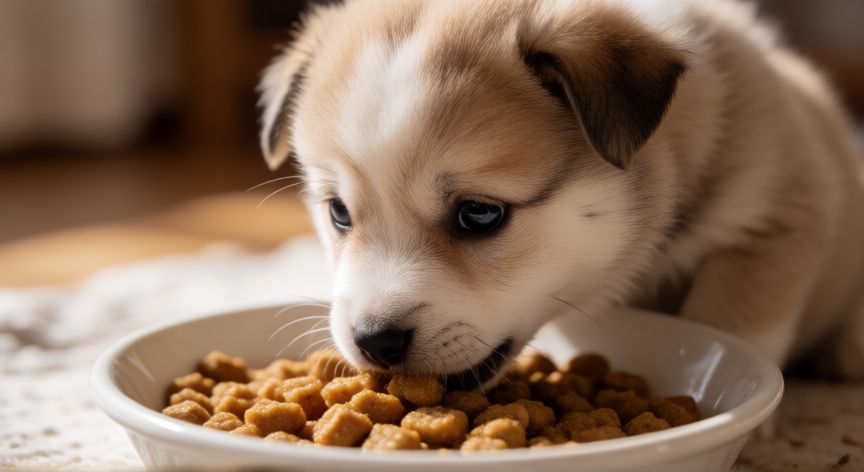 cuidados com cachorro filhote 40 dias, Filhote de cachorro de 40 dias comendo ração amolecida