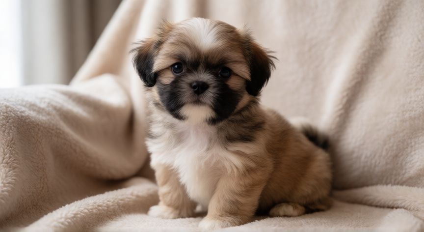 cuidados com cachorro filhote shih tzu, Cachorro Shih Tzu sentado en una manta suave con mirada curiosa