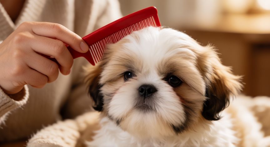 cuidados com cachorro filhote shih tzu, Persona cepillando el pelaje largo de un cachorro Shih Tzu con cuidado