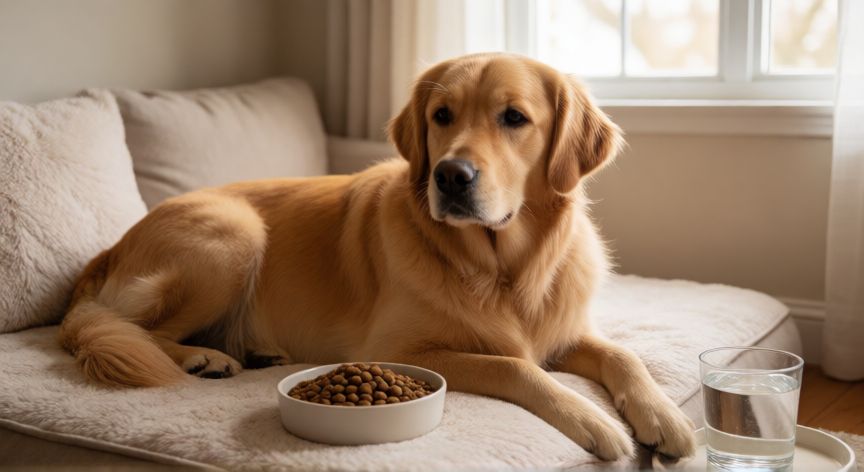 cuidados com cachorro gravidez, Cadela gestante descansando confortavelmente em sua cama com ração e água ao lado