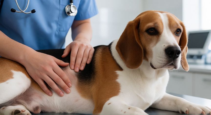 cuidados com cachorro gravidez, Veterinário examinando o abdômen de uma cadela beagle para monitorar a gestação