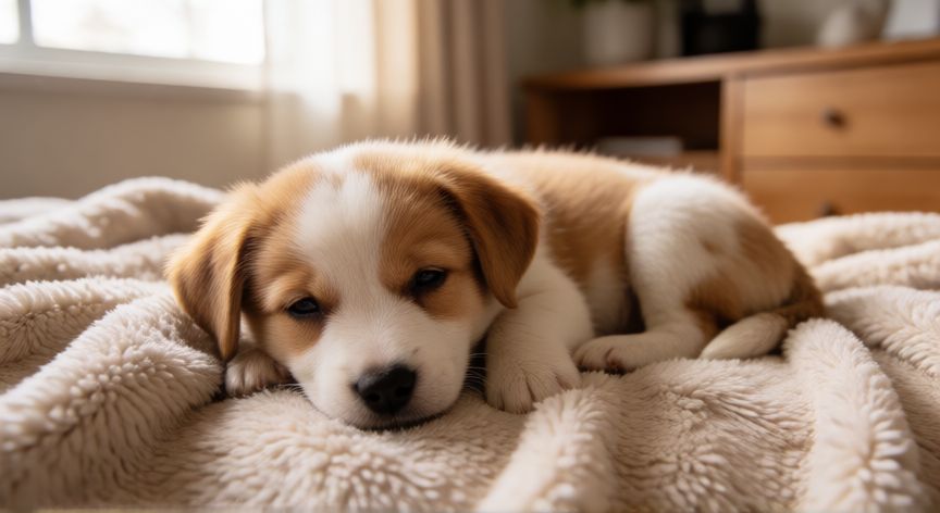 cuidados com cachorro gripado, Cachorro descansando en una manta suave por enfermedad