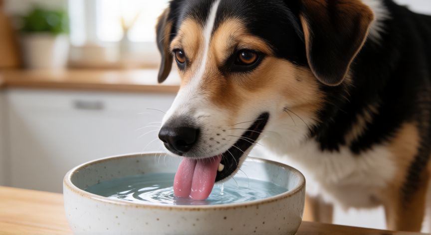 cuidados com cachorro gripado, Perro bebiendo agua para mantenerse hidratado