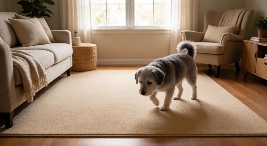 cuidados com cachorro idoso, Perro senior caminando con seguridad sobre alfombra antideslizante en sala de estar