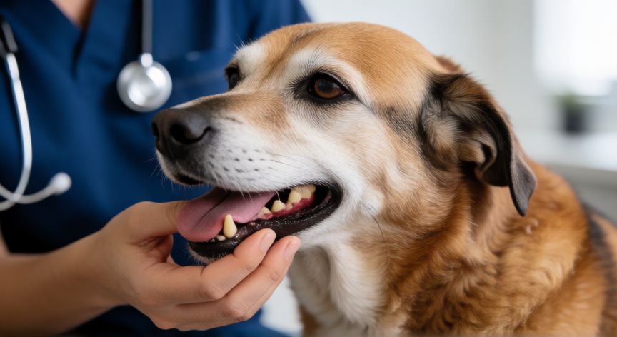 cuidados com cachorro idoso, Veterinario revisando la salud dental de un perro anciano en consulta