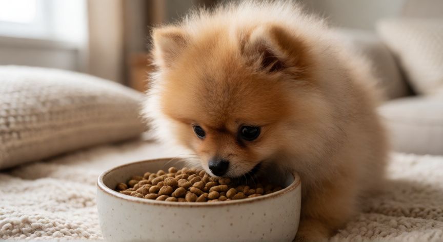 cuidados com cachorro lulu da pomerania, Cachorro Pomerania comiendo alimento premium en su cuenco